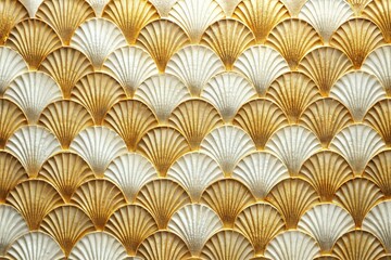 Aerial perspective of golden and white scalloped patterns overlapping in a wavy design, perfect for textured backgrounds, abstract art, and unique design elements.