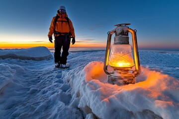 Person standing in a snow-covered landscape at night, holding a lantern, the warm light offering comfort amidst the stark coldness of the snow