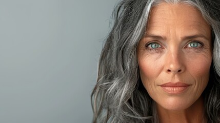 Naklejka premium A stunning middleaged woman exudes grace and confidence against a smooth grey backdrop, showcasing her beauty.