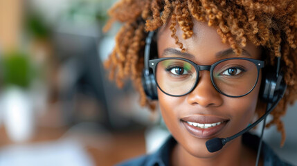 A friendly young female call center agent assists a client, showcasing excellent listening skills and customer service.