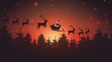 Santa Claus Reindeer Sleigh Flying Night Sky