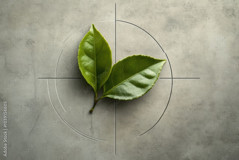 Poster two fresh, vibrant green tea leaves rest on a textured background, highlighting their intricate shap
