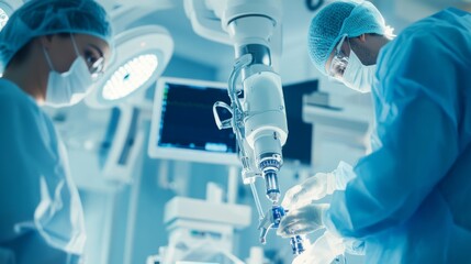 AI-driven robotic surgeons performing a complex medical procedure in an operating room, High-tech style, photo of