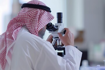 Saudi Gulf Arab man wearing a traditional white thobe and red shemagh, examining viruses with a microscope in the laboratory.