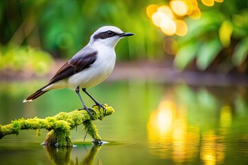 Obraz premium A mesmerizing bokeh highlights a Masked Water Tyrant (Fluvicola nengeta) gracefully perched, showcasing its beauty within a lush, vibrant natural setting that captivates.