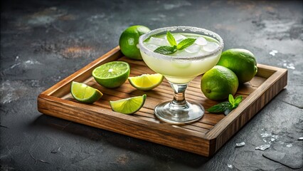 A refreshing cocktail with a sugared rim, served in a glass with ice and mint leaves, and accompanied by fresh lime slices, presented on a wooden tray