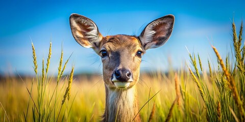 A Curious Fawn Peeking Through Tall Grass, Its Gentle Eyes Reflecting the Warm Glow of the Setting Sun