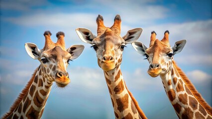 Fototapeta premium Three Giraffes Gaze With Inquisitive Eyes, Curiosity Sparkling in Their Gentle Gaze, Against a Background of Soft Blue Skies and Wispy Clouds