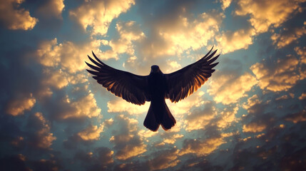 Fototapeta premium A silhouette of a dove flying in a beautiful sky with a soft orange and pink sunset with white clouds.