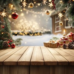 Empty wooden table with christmas theme