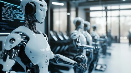 AI-powered robotic coaches training athletes in a high-performance sports facility, High-tech style, photo of