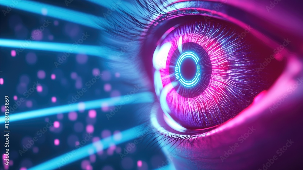 Aufkleber a futuristic eye with vibrant pink and blue colors, featuring circular patterns and beams of light, 