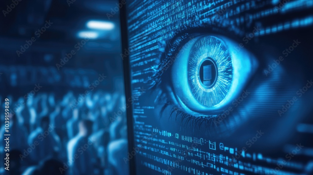 Poster a close-up of a blue eye amidst binary code, symbolizing surveillance and technology, with blurred f