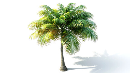 A single, green palm tree stands on a white background, casting a shadow.