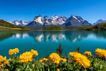Turquoise waters of Lake PehoÃ©, with the jagged Cuernos del Paine (Horns of Paine) in the background, framed by wildflowers and a clear sky