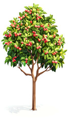 Fototapeta premium A small, leafy tree with red berries growing on its branches. The tree is isolated on a white background.