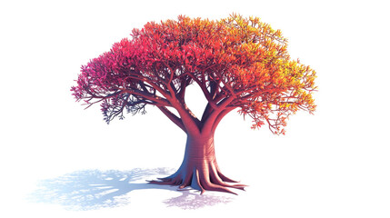 A vibrant tree with red, orange, and yellow leaves against a white background.