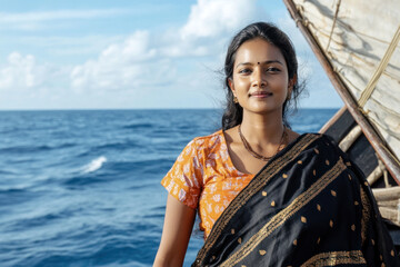 Indian woman in traditional cloth sailing at blue sea enjoying sunbathing