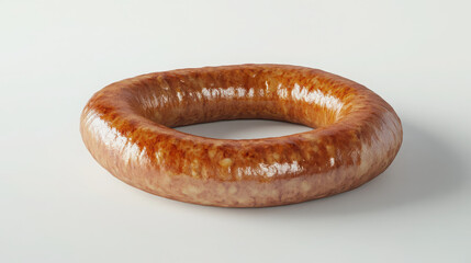 A shiny, circular sausage with a glossy surface, showcasing its cooked appearance.