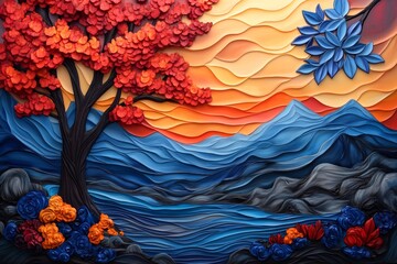 Watercolor painting of the Hall of Prayer for Good Harvests, with soft, flowing lines and vibrant blue and red hues blending beautifully in a serene landscape