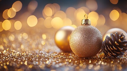 Golden Christmas ornaments and a pine cone on a sparkly background with blurred lights.