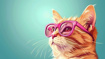 Fototapeta premium This adorable ginger cat with pink glasses steals the spotlight in a vibrant digital artwork against a blue backdrop.