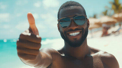 A smiling man giving a thumbs up on a beach, enjoying a sunny day.