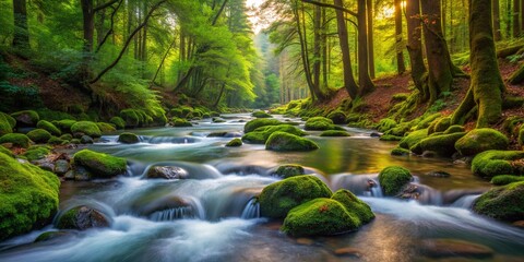 Serene Stream Flowing Through a Verdant Forest, Sunlight Filtering Through the Lush Canopy, Moss-Covered Rocks Dot the Water's Edge, Creating a Tranquil Oasis