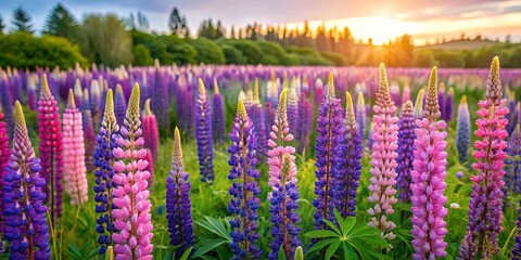 A vibrant field of pink and purple wildflowers basking in the golden glow of a setting sun, with a distant horizon of soft green hills and a scattering of trees.