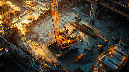 A construction site at sunset with machinery and workers engaged in building activities.
