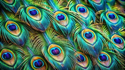 A tapestry of vibrant iridescent feathers with intricate patterns and captivating eyespots, showcasing nature's artistry.