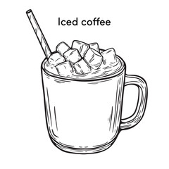 Iced coffee drink in a cup with a straw. Line art style vector. A cup of iced drink engraving.
