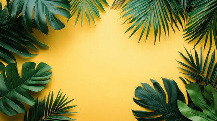 A vibrant yellow background framed by lush green palm leaves.