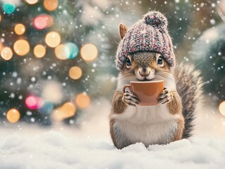 Obraz premium A cheerful cute squirrel in a knitted hat drinks cocoa from a cup