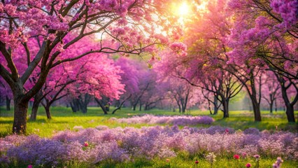 Naklejka premium A Tranquil Orchard Bathed in the Golden Light of the Setting Sun, with Blooming Trees and a Field of Delicate Wildflowers