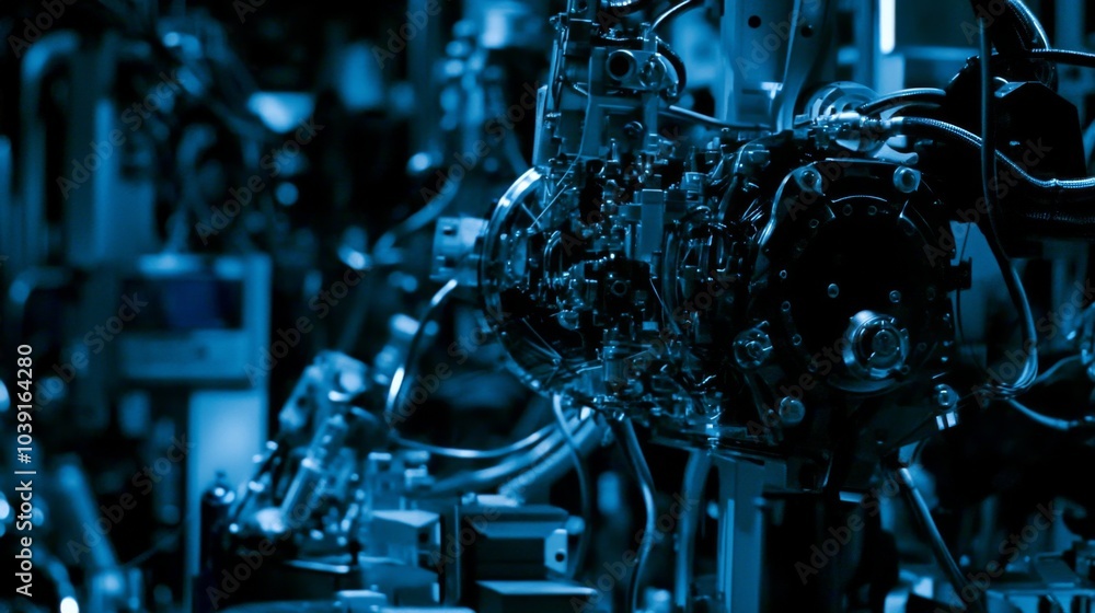 Poster close-up of complex robotic machinery in factory setting