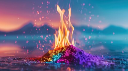 Vibrant night scene of Holika Dahan, showcasing a majestic bonfire surrounded by colorful powders under a starry sky.
