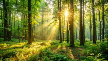 Fototapeta premium Golden Sunlight Illuminates a Verdant Forest, Casting Rays of Hope Through the Dense Canopy of Lush Greenery, Creating an Enchanting and Tranquil Atmosphere