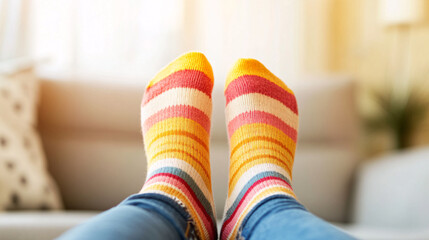 A close-up of brightly colored socks on relaxed feet, set against a soft, cozy indoor background. The socks feature cheerful patterns and vibrant hues, perfect for highlighting National Sock Day. The