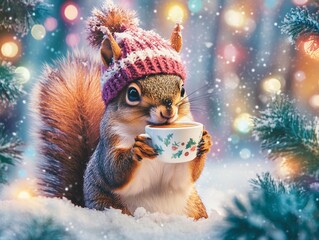 Obraz premium A cheerful cute squirrel in a knitted hat drinks cocoa from a cup