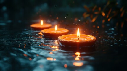 Three Burning Candles Floating on Rippling Water