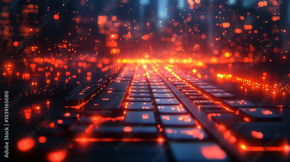 Poster illuminated keyboard with red bokeh lights