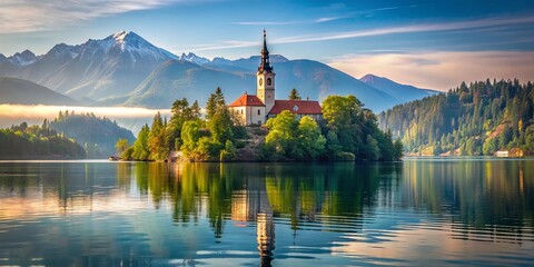 A Serene Island Chapel Reflecting in Tranquil Waters, Framed by Majestic Mountains and Lush Greenery