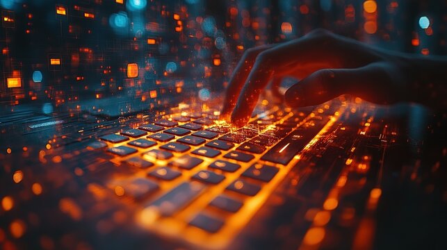 A Hand Typing on a Glowing Keyboard With Abstract Orange Lights