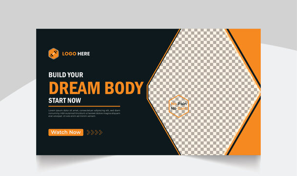 Gym fitness training youtube thumbnail design and workout web banner template