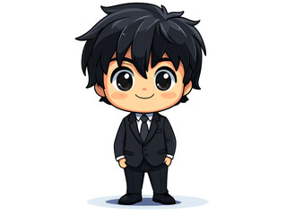 Cute cartoon boy wearing a black suit with a black tie and smiling.