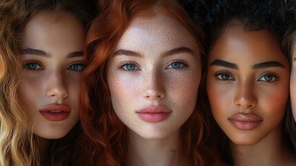 Obraz premium A close-up portrait of three diverse women showcasing beauty and individuality.