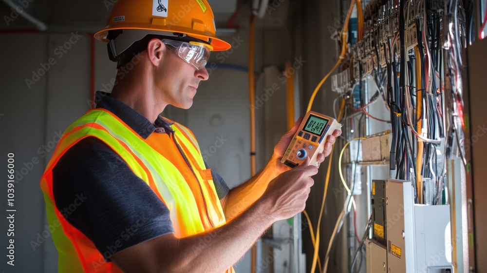 Poster an electrical technician in a neon safety vest and helmet, holding a wiring diagram and standing in 