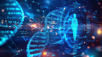Fototapeta premium A digital representation of DNA and human figures, symbolizing genetics and technology.