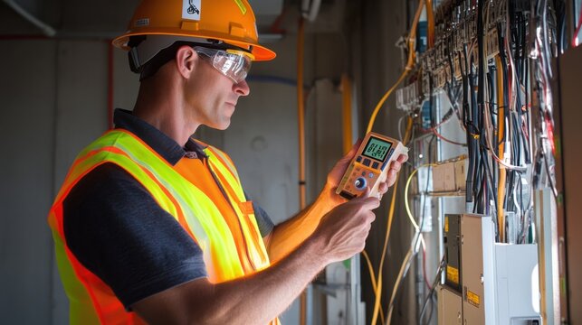 An electrical technician in a neon safety vest and helmet, holding a wiring diagram and standing in front of a complex network of electrical circuits, Construction site scene